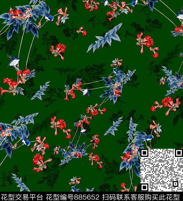 手绘花小花花鸟数码印花华亿平台下载（图片编号: 885652） - 瓦栏（Walan）