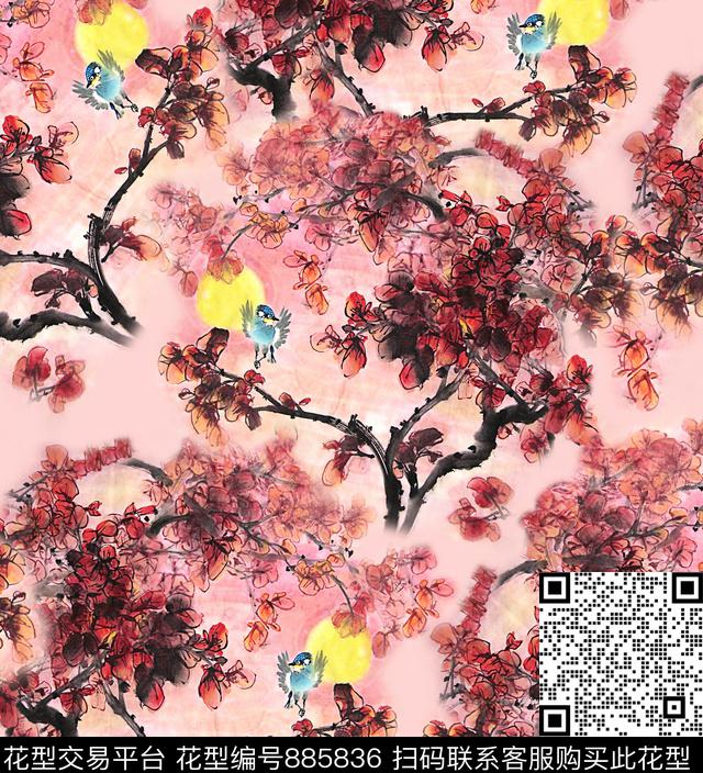 中国风满花枫叶数码印花华亿平台下载（图片编号: 885836） - 瓦栏（Walan）