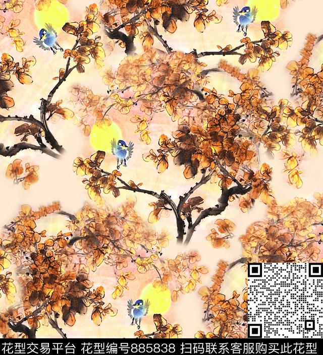 中国风满花枫叶数码印花华亿平台下载（图片编号: 885838） - 瓦栏（Walan）