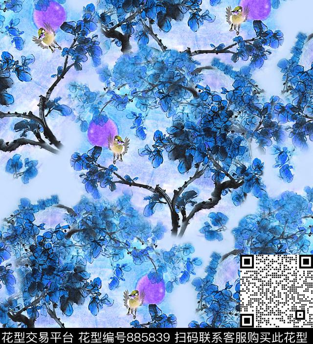 中国风满花枫叶数码印花华亿平台下载（图片编号: 885839） - 瓦栏（Walan）