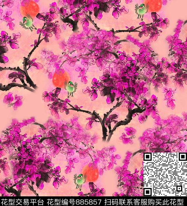 中国风满花枫叶数码印花华亿平台下载（图片编号: 885857） - 瓦栏（Walan）