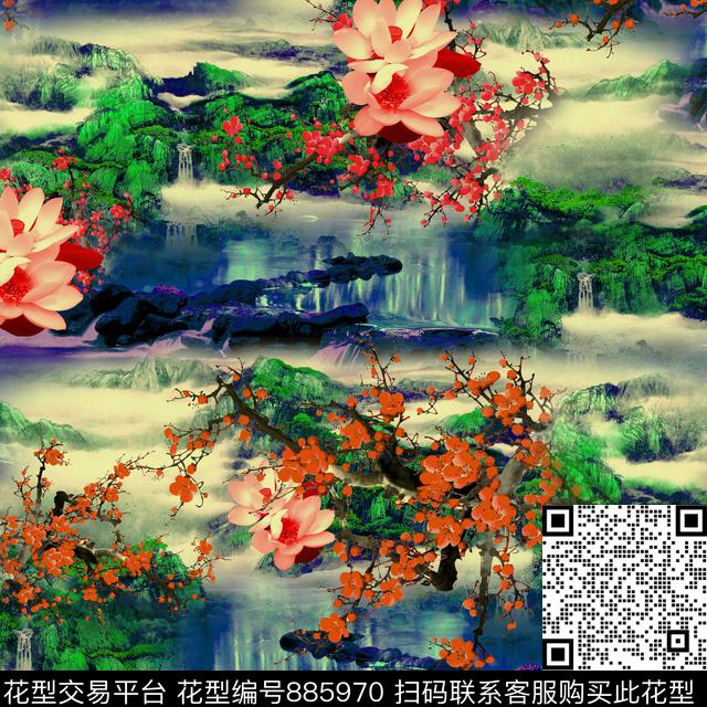 中国风山河荷花数码印花华亿平台下载（图片编号: 885970） - 瓦栏（Walan）