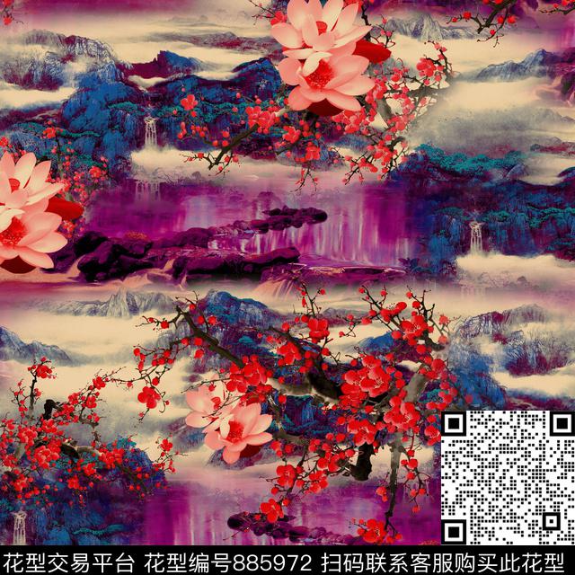 中国风山河荷花数码印花华亿平台下载（图片编号: 885972） - 瓦栏（Walan）