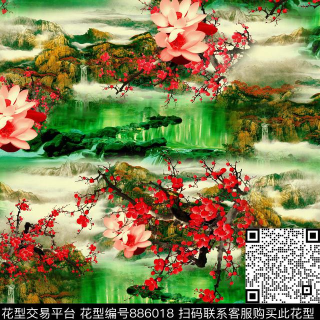 中国风山河荷花数码印花华亿平台下载（图片编号: 886018） - 瓦栏（Walan）
