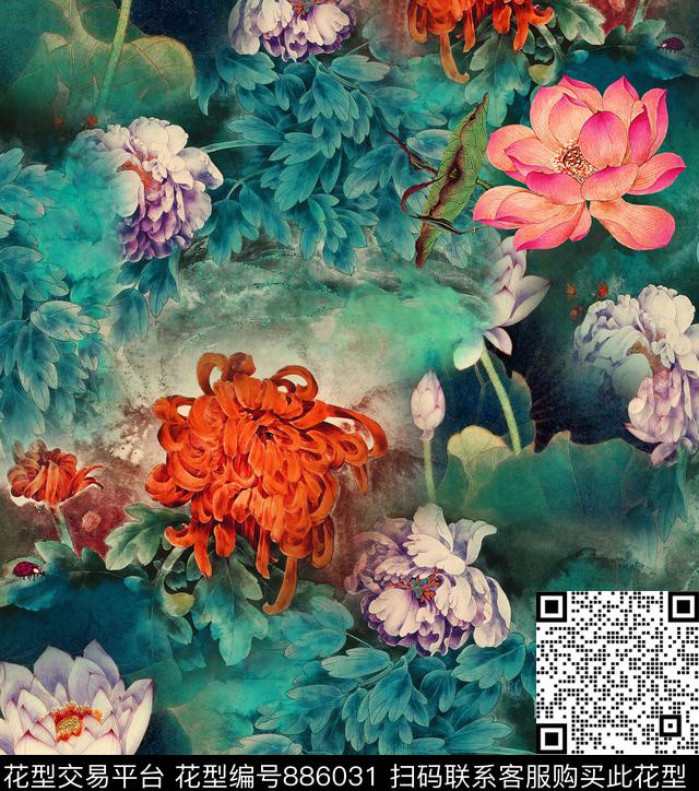 中国风荷花菊花数码印花华亿平台下载（图片编号: 886031） - 瓦栏（Walan）