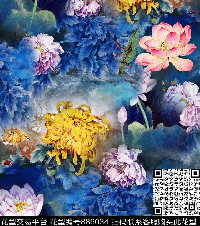 中国风荷花菊花数码印花华亿平台下载（图片编号: 886034） - 瓦栏（Walan）