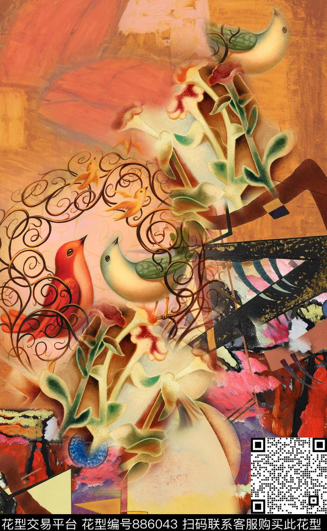 中国风油画风花卉数码印花华亿平台下载（图片编号: 886043） - 瓦栏（Walan）