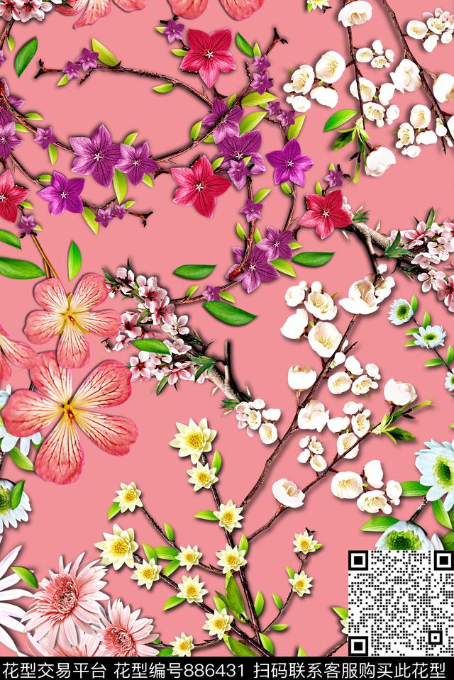 立体真花植物数码印花华亿平台下载（图片编号: 886431） - 瓦栏（Walan）