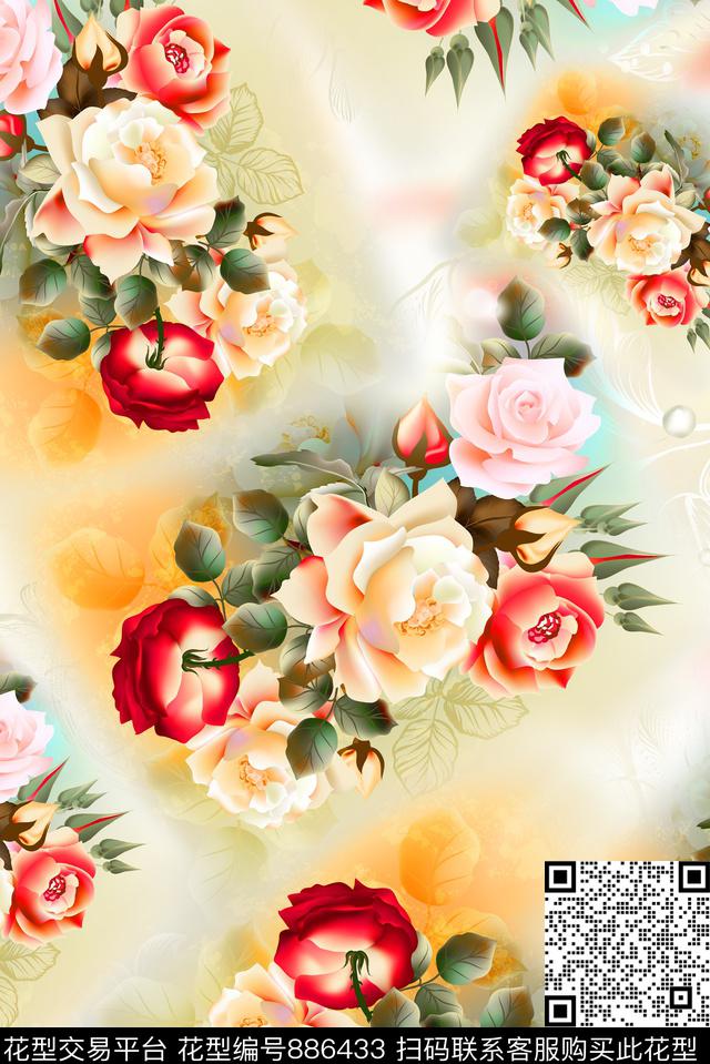 朦胧玫瑰花卉数码印花华亿平台下载（图片编号: 886433） - 瓦栏（Walan）