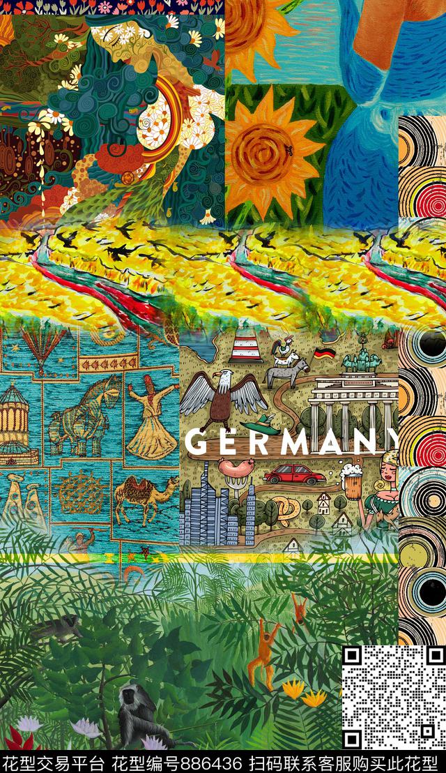 民族风拼接水彩数码印花华亿平台下载（图片编号: 886436） - 瓦栏（Walan）