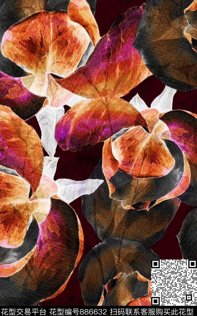 花卉水彩花卉斑驳数码印花华亿平台下载（图片编号: 886632） - 瓦栏（Walan）