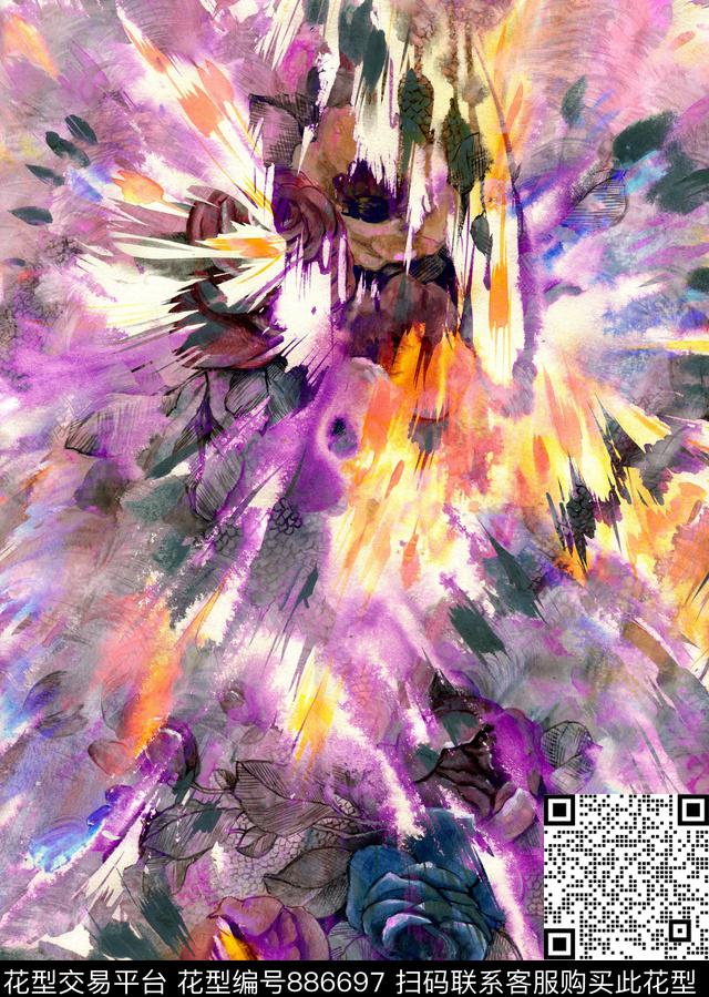 花卉抽象数码印花华亿平台下载（图片编号: 886697） - 瓦栏（Walan）