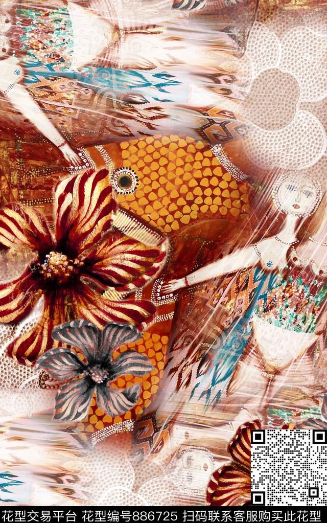 民族风波西米亚油画风格数码印花华亿平台下载（图片编号: 886725） - 瓦栏（Walan）