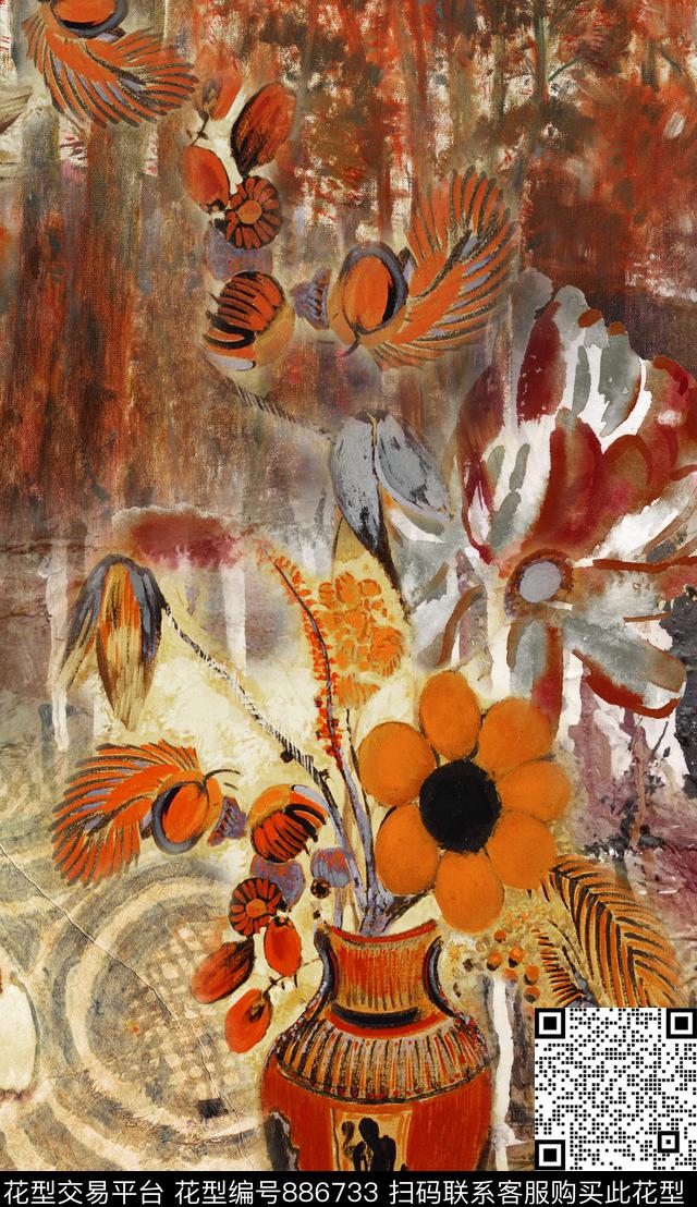 波西米亚斑驳花卉油画风格数码印花华亿平台下载（图片编号: 886733） - 瓦栏（Walan）