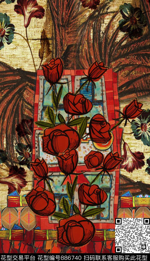 中国风波西米亚民族风数码印花华亿平台下载（图片编号: 886740） - 瓦栏（Walan）