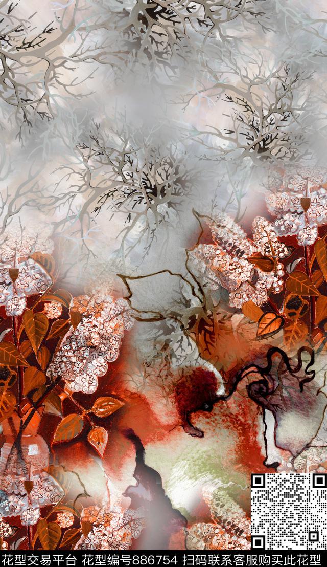 斑驳花卉民族风线条数码印花华亿平台下载（图片编号: 886754） - 瓦栏（Walan）