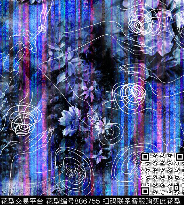 趣味条纹工笔画数码印花华亿平台下载（图片编号: 886755） - 瓦栏（Walan）