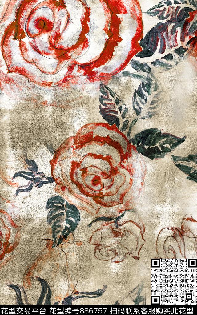 斑驳花卉波西米亚民族风数码印花华亿平台下载（图片编号: 886757） - 瓦栏（Walan）