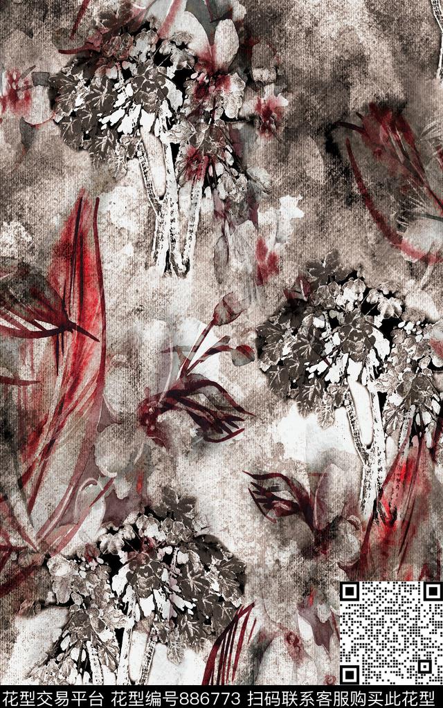 肌理斑驳花卉水彩数码印花华亿平台下载（图片编号: 886773） - 瓦栏（Walan）