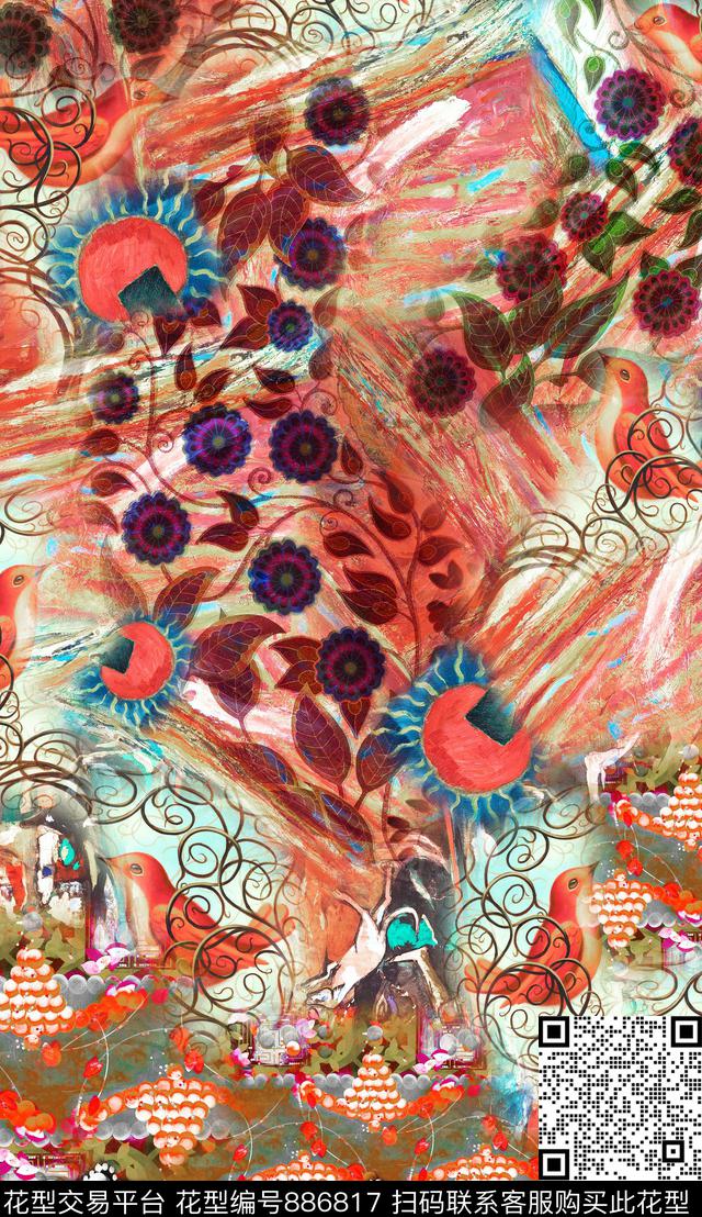 波西米亚油画笔触民族风数码印花华亿平台下载（图片编号: 886817） - 瓦栏（Walan）