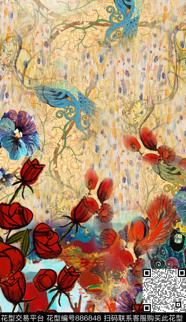 油画笔触中国风民族风数码印花华亿平台下载（图片编号: 886848） - 瓦栏（Walan）