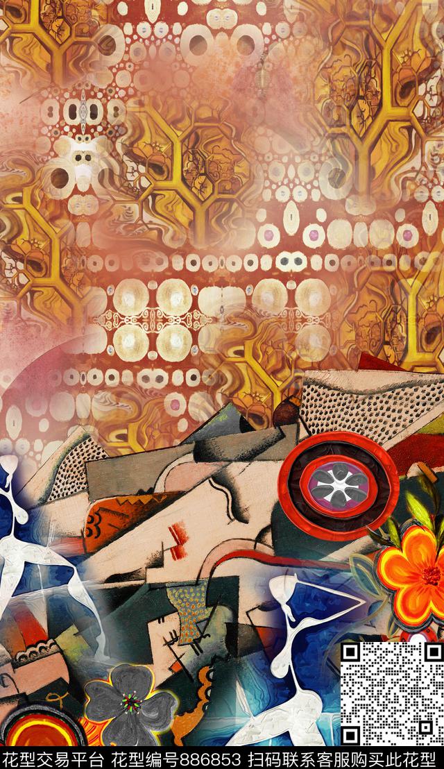 油画笔触中国风民族风数码印花华亿平台下载（图片编号: 886853） - 瓦栏（Walan）
