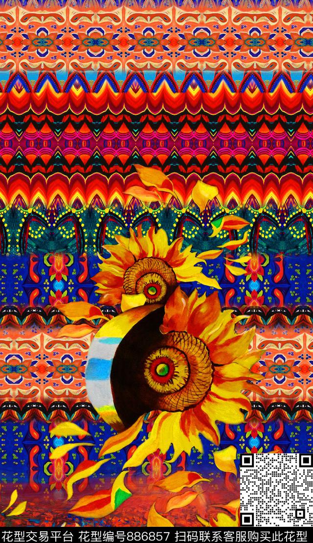 油画笔触中国风民族风数码印花华亿平台下载（图片编号: 886857） - 瓦栏（Walan）