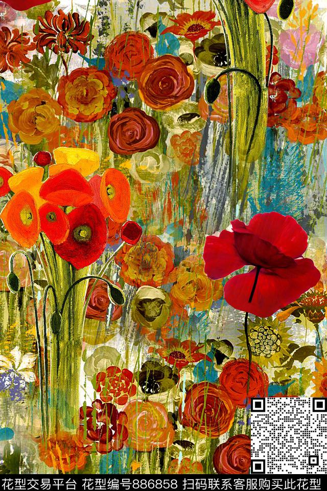 抽象手绘油画数码印花华亿平台下载（图片编号: 886858） - 瓦栏（Walan）