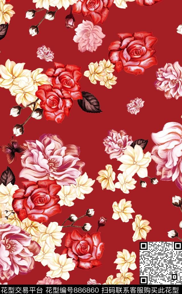 花卉手绘花卉红色数码印花华亿平台下载（图片编号: 886860） - 瓦栏（Walan）