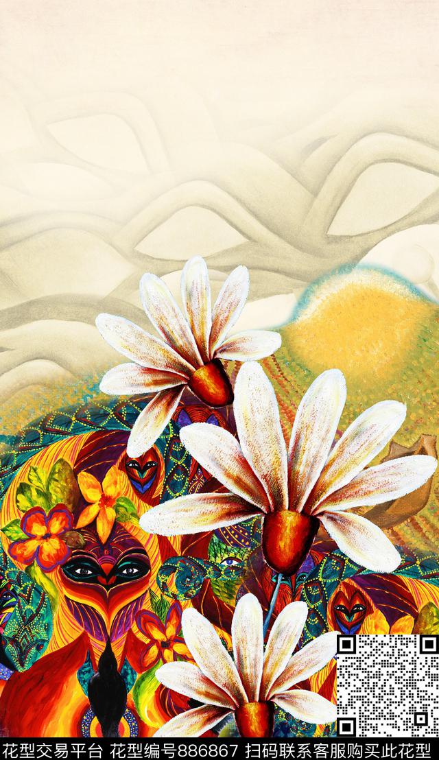 油画笔触中国风民族风数码印花华亿平台下载（图片编号: 886867） - 瓦栏（Walan）
