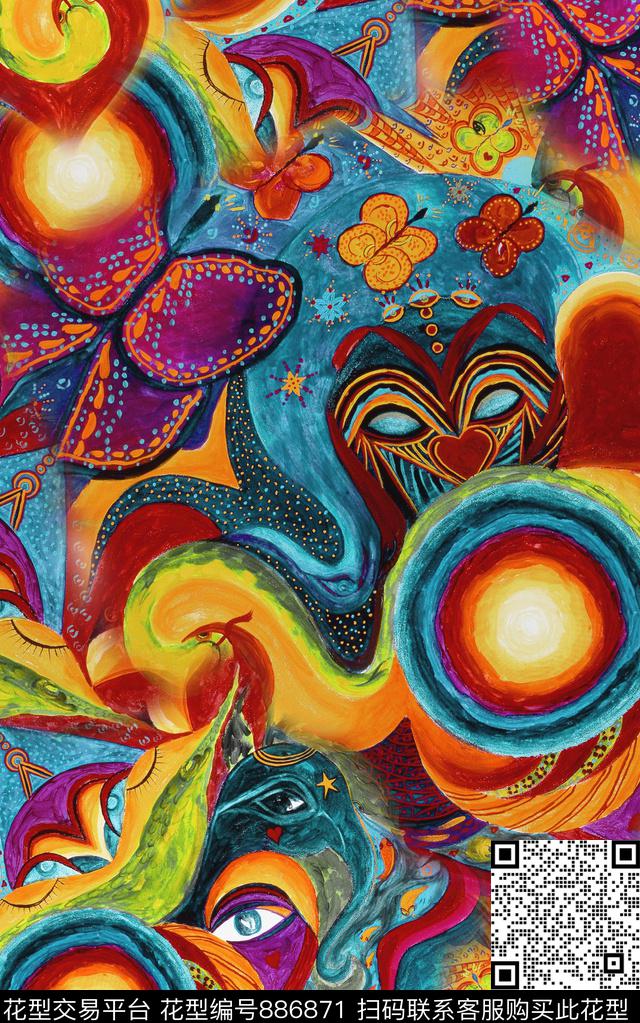 油画笔触中国风民族风数码印花华亿平台下载（图片编号: 886871） - 瓦栏（Walan）