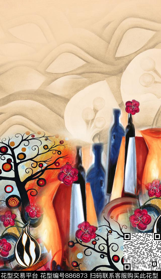 油画笔触中国风民族风数码印花华亿平台下载（图片编号: 886873） - 瓦栏（Walan）