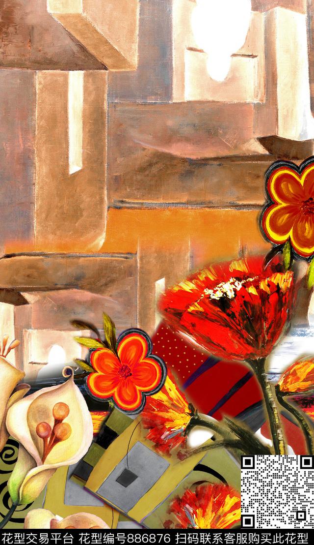 油画笔触中国风民族风数码印花华亿平台下载（图片编号: 886876） - 瓦栏（Walan）