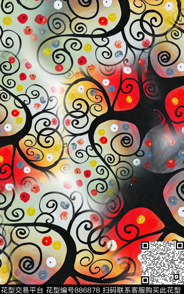 花卉几何花卉线条数码印花华亿平台下载（图片编号: 886878） - 瓦栏（Walan）