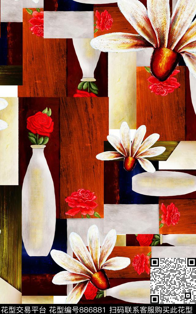 油画笔触中国风民族风数码印花华亿平台下载（图片编号: 886881） - 瓦栏（Walan）