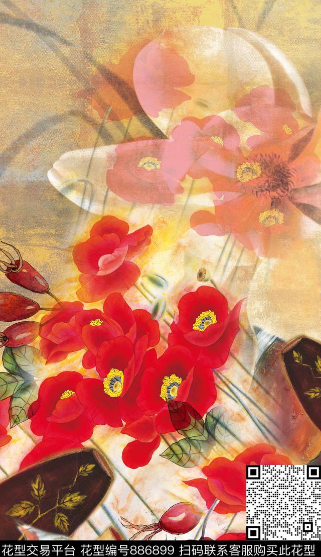 油画笔触斑驳花卉民族风数码印花华亿平台下载（图片编号: 886899） - 瓦栏（Walan）