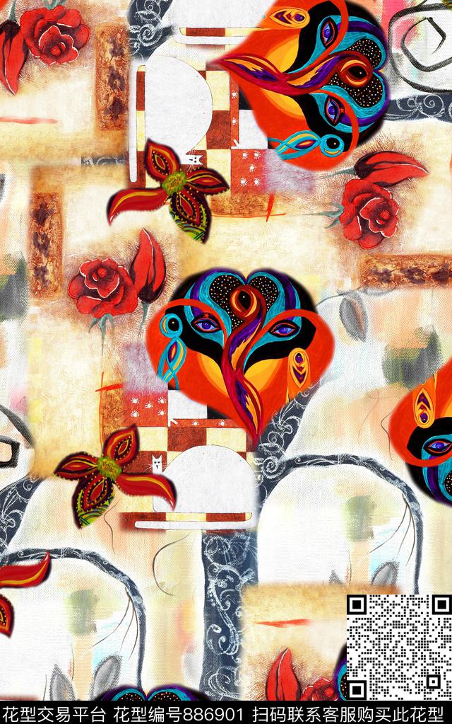 中国风油画笔触波西米亚数码印花华亿平台下载（图片编号: 886901） - 瓦栏（Walan）