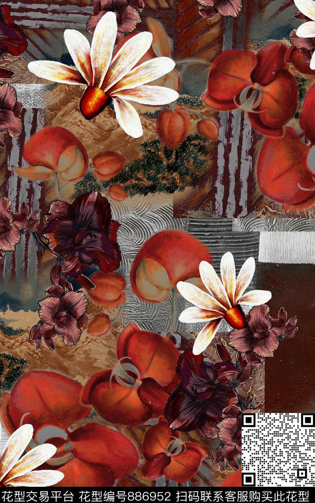 斑驳花卉中国风油画风数码印花华亿平台下载（图片编号: 886952） - 瓦栏（Walan）