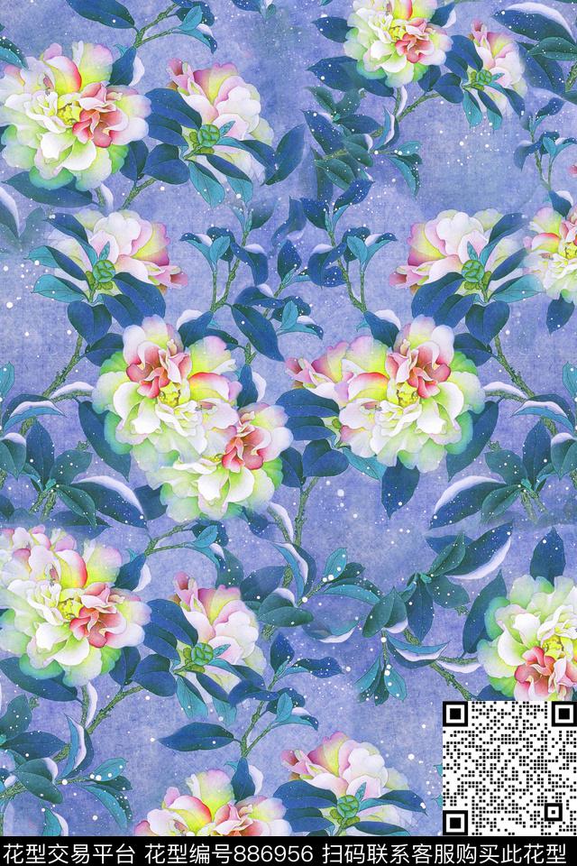 大花花朵花卉数码印花华亿平台下载（图片编号: 886956） - 瓦栏（Walan）