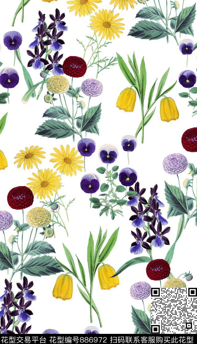 花卉清雅手绘图谱数码印花华亿平台下载（图片编号: 886972） - 瓦栏（Walan）