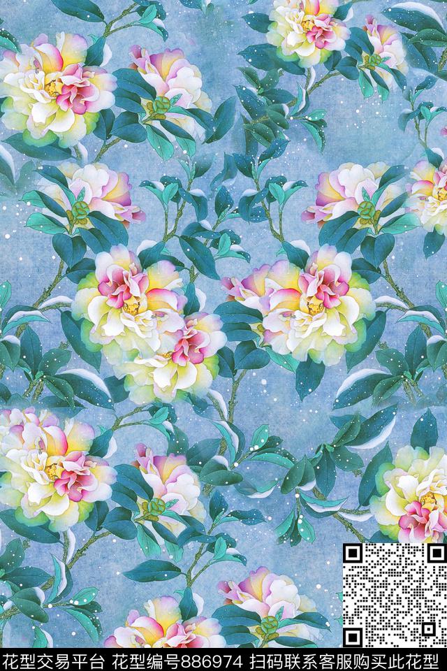 大花花朵花卉数码印花华亿平台下载（图片编号: 886974） - 瓦栏（Walan）