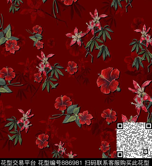 手绘花花卉红花叶绿数码印花华亿平台下载（图片编号: 886981） - 瓦栏（Walan）