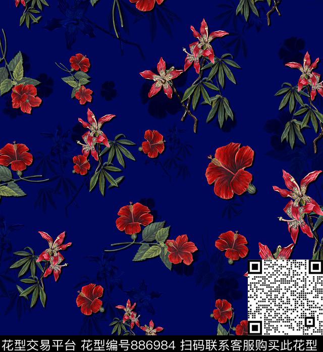 手绘花花卉红花叶绿数码印花华亿平台下载（图片编号: 886984） - 瓦栏（Walan）