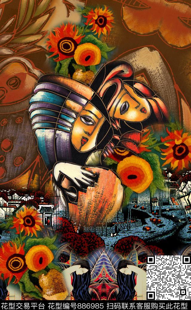 斑驳花卉中国风油画风数码印花华亿平台下载（图片编号: 886985） - 瓦栏（Walan）