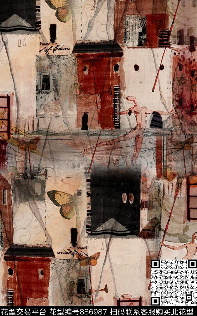 中国风斑驳肌理数码印花华亿平台下载（图片编号: 886987） - 瓦栏（Walan）