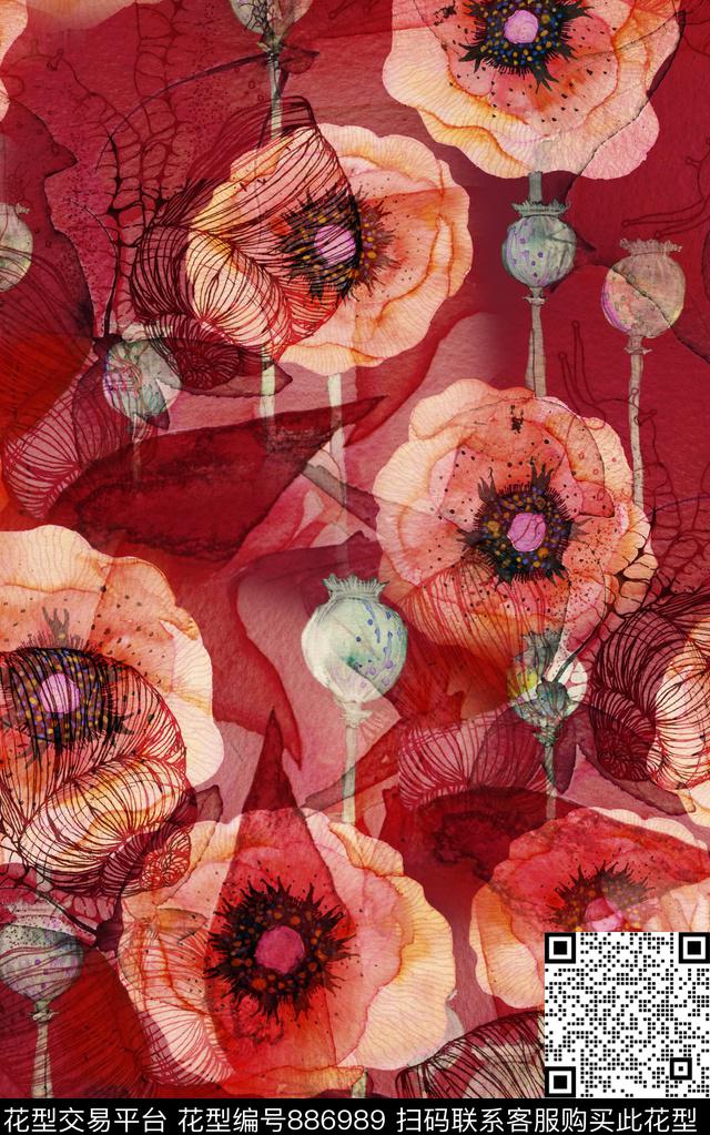 肌理中国风斑驳花卉数码印花华亿平台下载（图片编号: 886989） - 瓦栏（Walan）