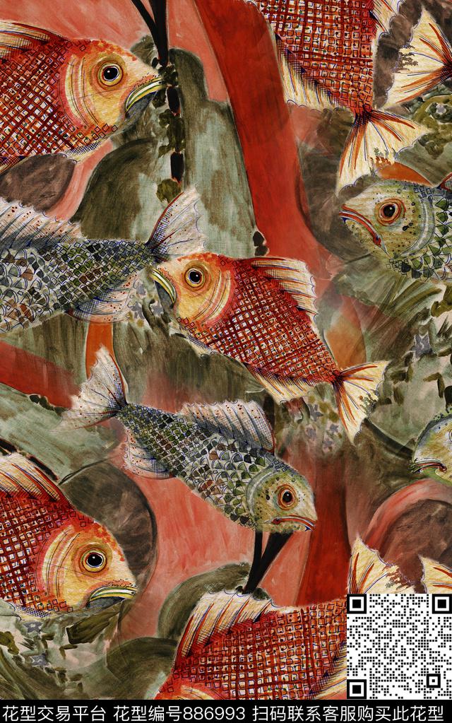 肌理油画鲤鱼数码印花华亿平台下载（图片编号: 886993） - 瓦栏（Walan）