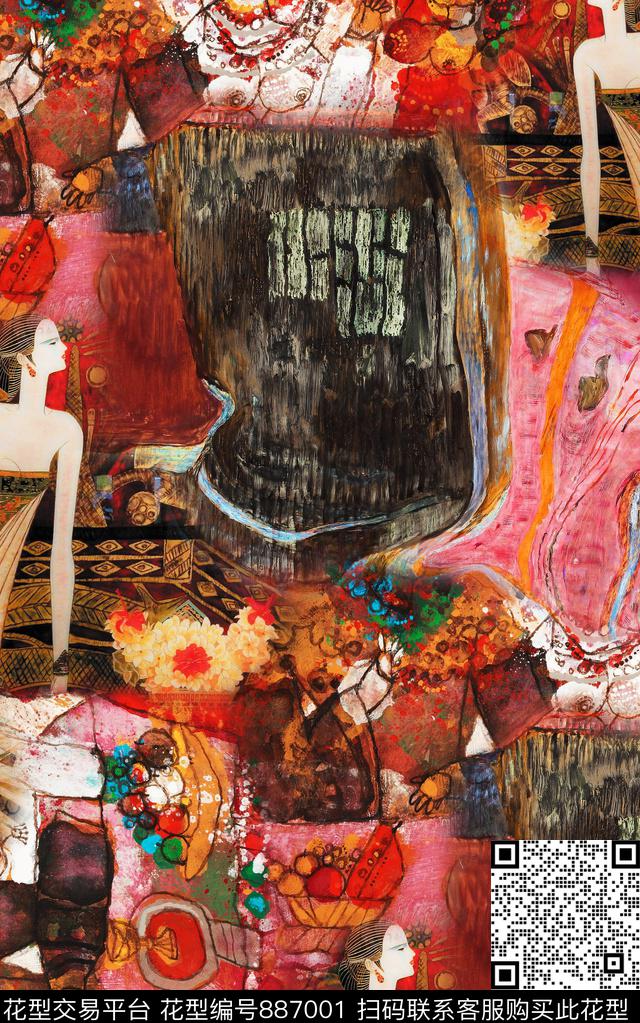肌理中国风油画数码印花华亿平台下载（图片编号: 887001） - 瓦栏（Walan）