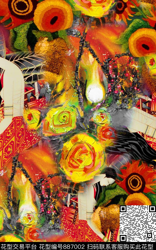 肌理中国风油画数码印花华亿平台下载（图片编号: 887002） - 瓦栏（Walan）