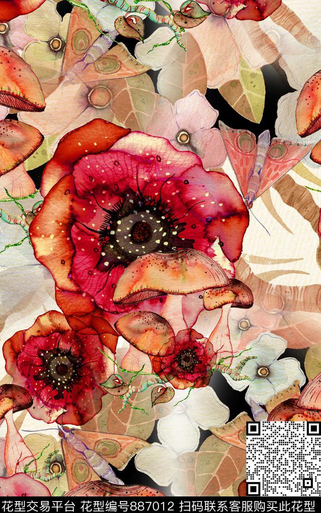 花卉油画斑驳花卉数码印花华亿平台下载（图片编号: 887012） - 瓦栏（Walan）